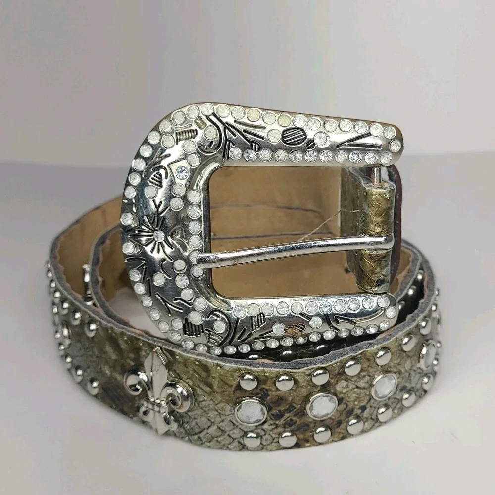 Western Rhinestone Studded Belt Snake Print Fleur De Lis Womans Large Bling